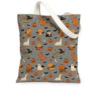 Dinosaur Canvas Tote Bag for Women, Fanciful Festive Pumpkins Ghost Halloween Orange Washable Reusable Market Tote Bag Ideas for Outdoor Travel Workday Reading 13x15 Inch