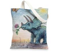 Dinosaur Canvas Tote Bags, Colorful Dino Art Pattern Reusable Grocery Bags, Fun Lightweight Washable Shoulder Strap Bags for Gym Travel Beach Picnic 13x15 Inch