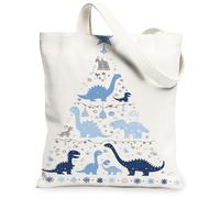 Dinosaur Canvas Tote Bags, Cute Dino Print Reusable Grocery Bags, Winter Fun Lightweight Washable Shoulder Strap for Travel, White, 13x15 Inch