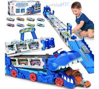 Dinosaur Car Transporter Toy with Race Cars: Monster Truck Toys for 3 4 5 6 7 8 9 10 Year Old Boys Kids Toddlers Birthday Present - Portable Carrier Folded Multiple Play Modes Vehicle