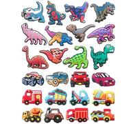 Dinosaur Cars Croc Charms for Boys Kids & Teens : 24 PCS Shoe Decoration Accessories Pins with Dino,Construction Truck for Clogs - Party Favors & Holiday Gift Idea