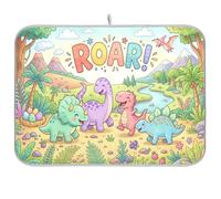 Dinosaur Cartoon Pastel Green Dish Drying Mat, Absorbent Reversible Kitchen Mat for Countertop, 18x24 Inches
