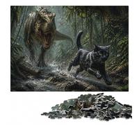 Dinosaur Chasing A Black Cat Picture Wood Puzzle, Adults, 1000 Pieces | During puzzle time: Adult Jigsaw Puzzle - colour and shape clues for organised assembly at home.