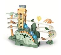 Dinosaur Climbing Slide Toy with Five Dinosaurs & Light-Up Music, Electric Dinosaur Climbing Stairs Toy for Toddlers Double Track Slide Race with Interactive Action & Fun Sound Effects (Green)