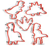 Dinosaur Cookie Cutters Set,5 Pieces Stainless Steel Biscuit Cutters for Kitchen Baking with Soft Silcone Edge