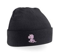 Dinosaur Dino Embroidered Beanie Hat for Adults | Cute Triceratops Winter Cap Black