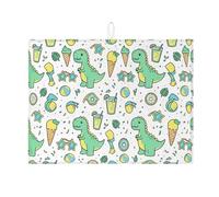 Dinosaur Dish Drying Mats for Kitchen Counter, Green Cartoon Absorbent Dish Drainer Rack Mat, Summer Fun Microfiber Drying Pad for Coffee Bar Protector 18x24 Inch