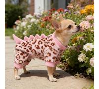 Dinosaur Dog Onesie Winter Flannel Warm Pet Costume for Small Dogs Cats (Teddy/Pomeranian/Bichon) Cute Dino Design Four-Legged Clothes XS-8XL (Four-legged Pink Leopard Print Dinosaur, 5XL)