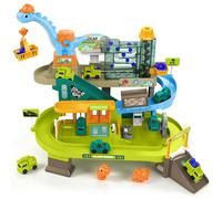 Dinosaur Electric Track Toy for Kids with Sound Multi Level Racing Track with Climbing, Curved Track, Rotary Crane & Repair Station