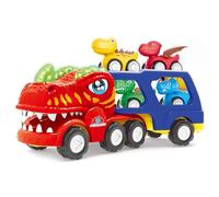 Dinosaur Figures Carrier Play Set - Dinosaur Transport Truck, ABS Light Up Electric Vehicle With 4 Pull Back Cars | Interactive Kids Truck Toy | Birthday Party Gift For Preschoolers Kindergarten
