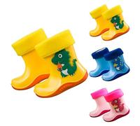 Dinosaur Fleece Lined Rain Boots Waterproof Non-Slip Soft Rubber Sole Wellies Boots Outdoor Running Walking Sports Wellington Boot Easy Pull On Shoes (Yellow, 10-11 Years)