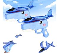 Dinosaur Foam Glider Airplane Launcher Toy,8" Mechanical Catapult Gun Aircraft, Crash-Resistant EPP Plane with 33-59ft Long Flight Distance & Dual Mode,Outdoor Active Play Birthday Gift (Blue-2PCS)
