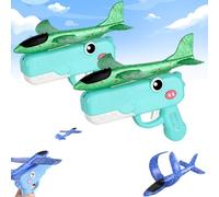 Dinosaur Foam Glider Airplane Launcher Toy,8" Mechanical Catapult Gun Aircraft, Crash-Resistant EPP Plane with 33-59ft Long Flight Distance & Dual Mode,Outdoor Active Play Birthday Gift (Green-2PCS)