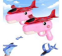 Dinosaur Foam Glider Airplane Launcher Toy,8" Mechanical Catapult Gun Aircraft, Crash-Resistant EPP Plane with 33-59ft Long Flight Distance & Dual Mode,Outdoor Active Play Birthday Gift (Pink-2PCS)