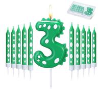 Dinosaur Green Birthday Candles, 1 Pcs 2.75 x 1.85 Inch Dinosaur Numeral Candle and 10 Pcs 3.7 Inch Long Tall Candle Dinosaur Theme Party Dino Theme Cake Topper Anniversary Party Decor (Number 3)