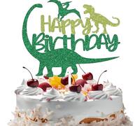 Dinosaur Happy Birthday Cake Topper - Green Glitter Paper Cake Decorations for Birthday Parties - Animal Theme Dino Party Supplies for Boys & Girls