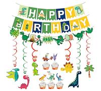 Dinosaur Happy Birthday Decorations Set, 49PCS Dinosaur Hanging Banners Swirls Ornaments Cupcake Toppers and Wrappers, Party Favors Supplies for Birthday Party Decorations Indoor or Outdoor