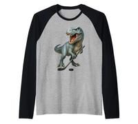 Dinosaur Hockey Stick Puck Goal Goalie T-Rex Player Kids Raglan Baseball Tee