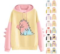 Dinosaur Hoodie Womens Kawaii Animal Shirt Anime Cosplay Costumes Color Block Hooded Sweatshirt Tops for Teens Adults Girls Green Pink Yellow Orange Long Sleeve Splice Patchwork XS S M L XL XXL
