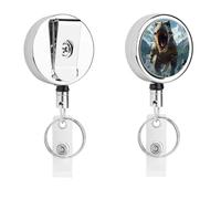 Dinosaur Human War Cute Retractable Metal ID Badge Holder Reel Clip Keychain for Office Work