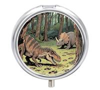 Dinosaur Jungle Pill Case Small Round Weekly Pill Organizer with Mirror 3 Compartments Portable Daily Travel Pill Case Cute Pill Box for Supplement