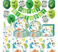 Dinosaur Kids Birthday Decorations Tableware - 90 Pieces Party Supplies for Boys Girls, Dino Latex Balloon Table Cloth Paper Plates Napkins Cup Straws for Children Kit