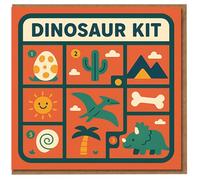 Dinosaur Kit Kids Birthday Card - Cute Prehistoric Grid Design with Triceratops, Pterodactyl, Egg and Bone - Fun Dino Lover Greeting for Children
