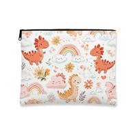 Dinosaur Makeup Bag, Cute Dino Patterned Cosmetic Travel Pouch for Kids, Portable Small Canvas Zipper Organizer, Birthday Gift Toiletry Bag for Girls, white, 7x9 Inch, Dinosaur