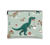 Dinosaur Makeup Bag, Playful Dinosaur Holiday Cosmetic Travel Pouch for Kids, Portable Small Canvas Zipper Organizer, Christmas Skincare Toiletry Bag, Green, 7x9 Inch, Dinosaur