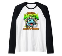 Dinosaur Mayhem Funny Always in Trouble Raglan Baseball Tee