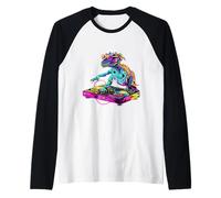 Dinosaur Music DJ Dance Club Turntable DJ Dinosaur DJ Dino Raglan Baseball Tee