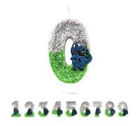 Dinosaur Number 0 Candles, Green-Grey 0st Birthday Candles for Cake, Handmade Glitter Shiny Happy Birthday Cake Topper - Perfect for Themed Birthday Parties