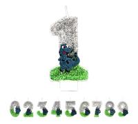 Dinosaur Number 1 Candles, Green-Grey 1st Birthday Candles for Cake, Handmade Glitter Shiny Happy Birthday Cake Topper - Perfect for Themed Birthday Parties