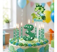 Dinosaur Number 3 Birthday Candles - Safe Non-Toxic Long Burning Cake Candles for 3rd Birthday Party Decorations, Green Dinosaur Theme Candle Set with Number Topper