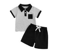 Dinosaur Outfit Boy Summer Clothes Short Sleeve Button Shirt Tops Solid Shorts Set 2Pcs Casual Outfit with Pockets (18-24 Months) Black