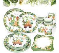 Dinosaur Paper Plates Cups and Napkins Set - 96pcs Dinosaurs Theme Kids Birthday Party Tableware Set Including Paper Plates, Napkins, Disposable Cups, Jungle Tableware for Roar Baby Shower(24 Guests)