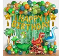 Dinosaur Party Balloons Supplies, 125Pcs Happy Birthday Decoration Foil Balloon Curtain Jungle Green Orange Blue Set Garland Arch Safari Baby Shower