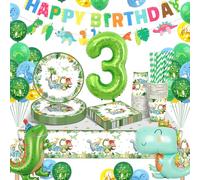 Dinosaur Party Decorations, 16 Guests Dinosaur Tableware, Dinosaur 3th Birthday Decorations, Dinosaur Party Supplies Paper Plates Cups Napkins Table Cloth Balloons for 3th Kids' Birthday