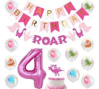 Dinosaur Party Decorations for Girls, Number 4 and Dinosaur Standing Balloons, ROAR Garland and Dinosaur Four Cake Topper for Girls 4th Birthday Party Supplies