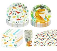 Dinosaur Party Supplies Birthday Tableware Set Paper Plates, Dinosaur Cups and Napkins, for Kids Theme Party Decoration Serves 16 Guests.