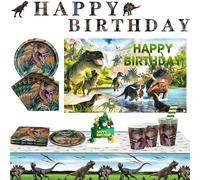Dinosaur party supplies, Jurassic World dinosaur themed birthday party decorations for boys, decorative tableware set for 18 guests, backdrop, plates, paper cups, c'j straws, banner, 82 pieces (Green)