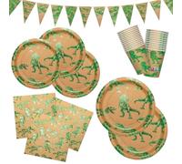 Dinosaur Party Tableware Set, 112 Pieces Party Paper Plates, Napkins, Paper Cups, Paper Banner with Green Stamping for Children's Birthday, Party