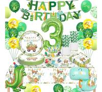 Dinosaur Party Tableware Set 3 Years, Dinosaur Birthday Decoration Tableware Set, Paper Plates, Cups, Napkins, Straws, Tablecloth, Birthday Decoration for Boys and Girls 16 Guests