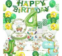 Dinosaur Party Tableware Set 4 Years, Dinosaur Birthday Decoration Tableware Set, Paper Plates, Cups, Napkins, Straws, Tablecloth, Birthday Decoration for Boys and Girls 16 Guests