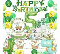 Dinosaur Party Tableware Set 5 Years, Dinosaur Birthday Decoration, Dinosaur Birthday Tableware Set, Paper Plates, Cups, Napkins, Straws, Tablecloth, Birthday Decoration for Boys and Girls 16 Guests