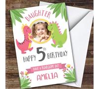 Dinosaur Pink Photo Daughter 5th Custom Personalised Birthday Card - Personalised Birthday Greeting Card for Kids, Custom Birthday Card