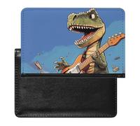 Dinosaur Playing Guitar Passport Holder with 3 Card Slots, Portable PU Leather Travel Wallet, Slim Protective Cover for Passport, ID, Credit Cards