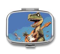 Dinosaur Playing Guitar Pill Box 2 Compartment - Small Metal Medicine Organizer Portable Pill Case for Purse Pocket Travel Vitamin Organizer for Men Women, BPA-Free