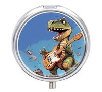 Dinosaur Playing Guitar Pill Box Cute Round Pill Case Portable Medicine Tablet Vitamin Holder Organizer for Purse Pocket