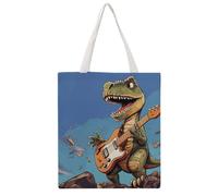 Dinosaur Playing Guitar Tote Bag, Aesthetic Canvas Tote Bag Reusable Grocery Shopping Bag for Women Men